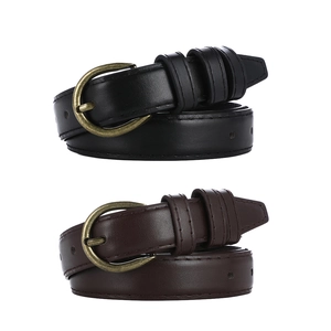 Classic black and dark brown women's leather belts with vintage bronze buckle on white background