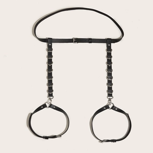 Adjustable black PU leather body harness with punk style O-rings and metal leg straps
