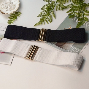 Women's wide elastic waist belt with gold metal buckle in black and white colors