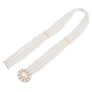 Elegante cintura in vita a quattro file di perle con accenti dorati e fibbia di strass