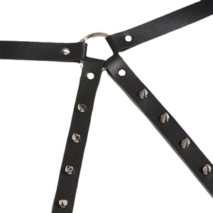 Punk black leather body harness with silver metal rings and cone spikes for clubwear