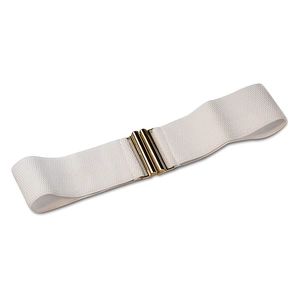 Elastic wide white waist belt for women with interlocking gold buckle for dresses