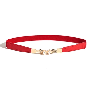Ceinture élastique rouge élégante avec boucle en perles dorées pour robes de femmes