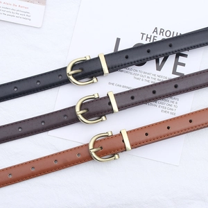Three-piece set of slim leather belts for women in black, coffee, and brown with gold buckles