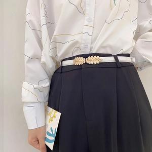 Elegant white leather skinny belt with golden leaf buckle for women dresses