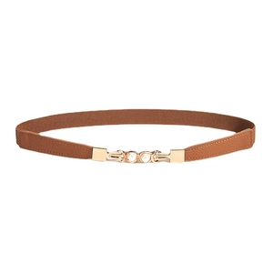 Brown elastic skinny waist belt for women with gold pearl buckle for dresses