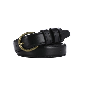 Classic black women's slim belt with a vintage bronze round pin buckle on white background