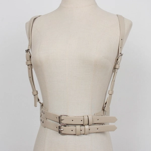 Punk Harajuku beige PU leather body harness belt with double shoulder straps and buckles