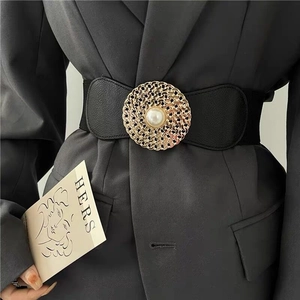 Ceinture Corset Élastique Rétro pour Femme Boucle Ronde en Alliage Doré Décor Perle Artificielle Large Bande en Cuir PU