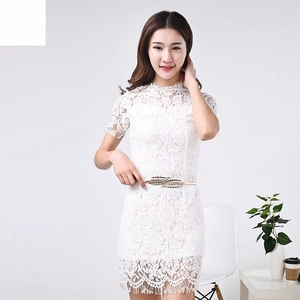 Elegant white lace short sleeve dress with adjustable golden leaf metal stretch belt