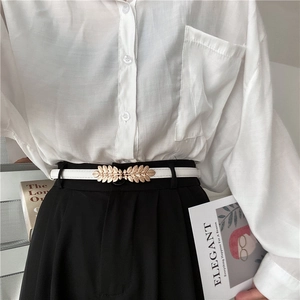 Women Adjustable Faux Leather Thin Belt Minimalist Golden Leaf Buckle Waist Strap For Dresses Suits Skirts Decorative Accessories