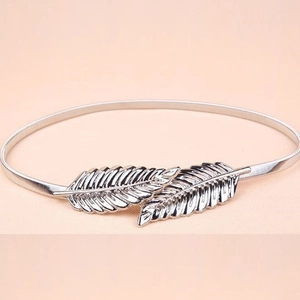 Elegant silver metal leaf buckle elastic waist belt for dresses and blazers