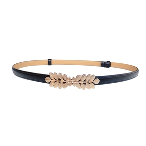 Women's thin black waist belt with elegant gold leaf buckle for dresses and trousers