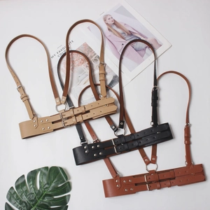 Three-piece punk Harajuku style faux leather body harness set in black, beige and brown