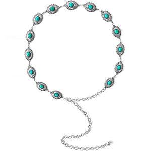 Bohemian Metall Ketten Gürtel Für Damen Ethnisch Türkis Eingelegt Geschnitzt Taillenkette Silber Verstellbar Körper Schmuck