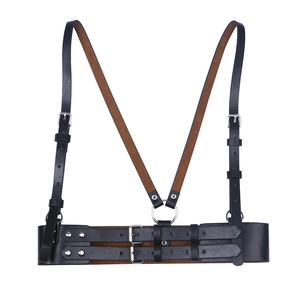 Harajuku punk style black leather body harness with silver rings and adjustable metal buckles
