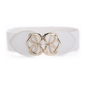 White elastic waist belt for women featuring a gold heart-shaped interlocking metal buckle