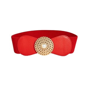 Ceinture élastique rouge pour femme avec boucle dorée vintage et incrustation de perles