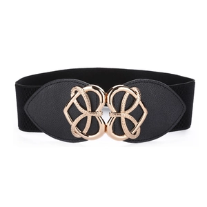 Women Wide Elastic Corset Belt Heart Interlocking Metal Buckle PU Leather Waistband Fashion Decorative Cinch Belt For Dresses