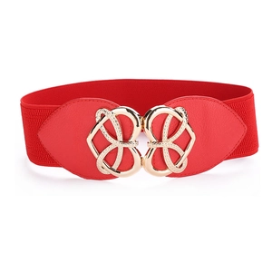 Red wide elastic waist belt with a golden heart-shaped hollow buckle for women's dresses