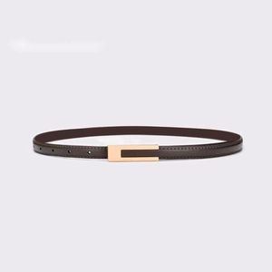 Détail de ceinture en cuir marron foncé avec boucle dorée et coutures fines