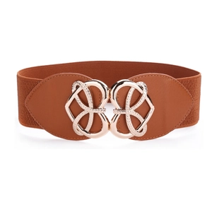 Women wide elastic corset belt in caramel brown with gold butterfly interlocking buckle