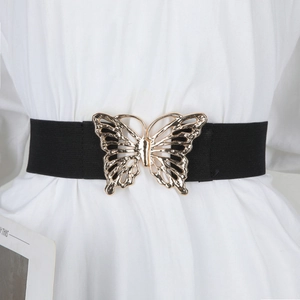 Ceinture élastique noire avec boucle papillon dorée évidée pour robe de femme
