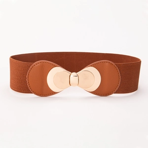Ceinture large élastique marron avec boucle nœud en métal doré pour femmes