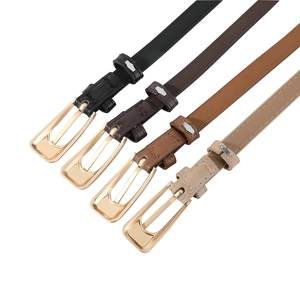 Detailed set of four narrow PU leather belts for women in black, brown, tan, and grey