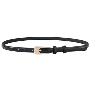 Close-up of black PU leather thin belt featuring a gold horseshoe buckle and texture