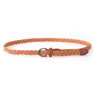 Close-up of light brown braided rope belt with black alloy buckle and leather detailing