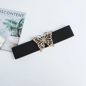 Détails de la boucle papillon dorée évidée sur la ceinture élastique noire pour femmes