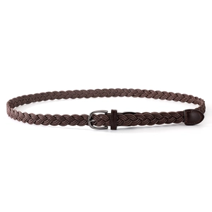 Close-up of brown braided wax rope belt with a vintage dark grey metal U-shaped buckle