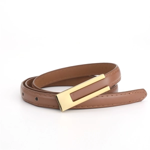 Détail de la fine ceinture en cuir marron avec boucle rectangulaire dorée polie