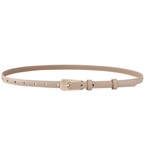 Detail view of thin light brown PU leather belt with gold buckle and stitching