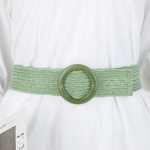 Bohemian light green straw woven wide belt for women featuring a round resin buckle