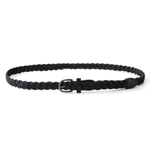 Detailed close-up of a black braided skinny waist belt featuring a gunmetal D-ring buckle