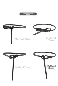 Detail showing four different knotting styles for this slim black leather dress belt