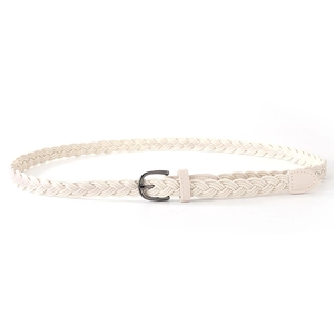 Vintage beige braided rope waist belt with metallic pin buckle and faux leather detail