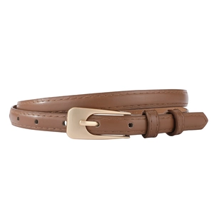 Close-up of a slim brown leather belt featuring a matte gold pin buckle on white background