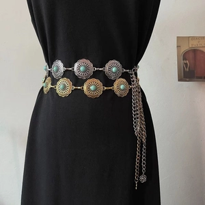 Böhmische Vintage Türkis Eingelegte Metall Tailleur-Kette Damen Verstellbare Ethno-Hohlblume Sonnenblume Anhänger Bauch-Kette Gürtel