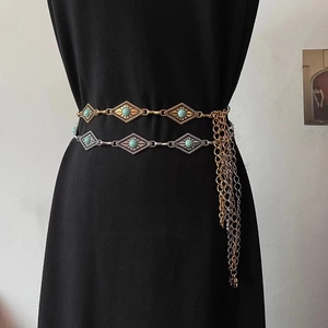 Vintage-Boho-Metall-Taillenkette mit künstlichem Türkis und stilvollen Quastenfransen