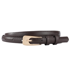Close-up of slim dark brown PU leather belt with matte gold pin buckle and fine stitching