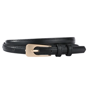 Slim black PU leather belt for women with elegant gold metal buckle for jeans and suits