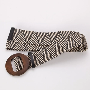 Ceinture tressée bohème élastique à motifs géométriques avec boucle ronde en bois