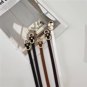 Detail view of five assorted women's skinny belts with golden double-ring metal buckles