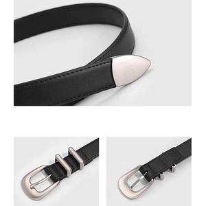 Classic black leather belt for women with silver buckle and teardrop metal tail tip