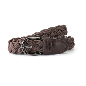 Detail of dark brown braided wax rope belt with a vintage gunmetal D-ring buckle finish