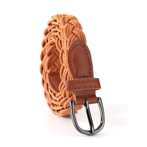 Close-up of brown braided wax rope belt showing leather details and black metal buckle