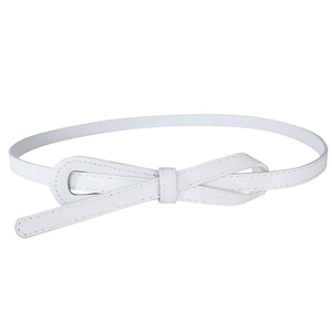 Detail of white slim leather belt featuring a decorative bow knot and fine stitching